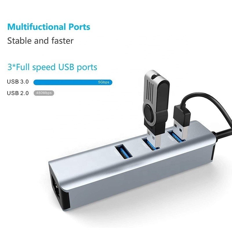 Interfaz USB 3.1 Tipo C a 9 puertos Adaptador USB A 3.0 con tarjeta de red Ethernet Gigabit RJ45 Gris