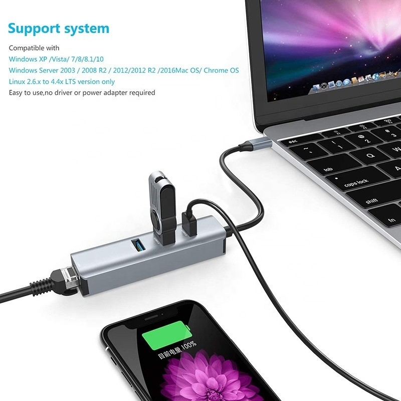 Interfaz USB 3.1 Tipo C a 9 puertos Adaptador USB A 3.0 con tarjeta de red Ethernet Gigabit RJ45 Gris