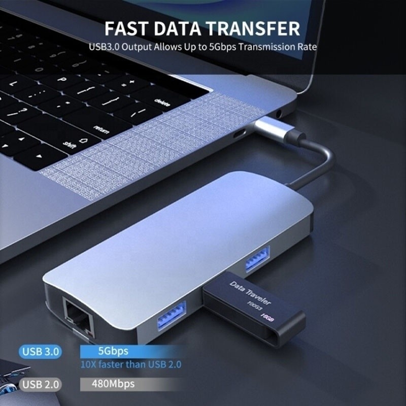 6 en 1 USB A Hub 4K HDMI USB3.0 RJ45 1000Mbps PD Adaptador de carga