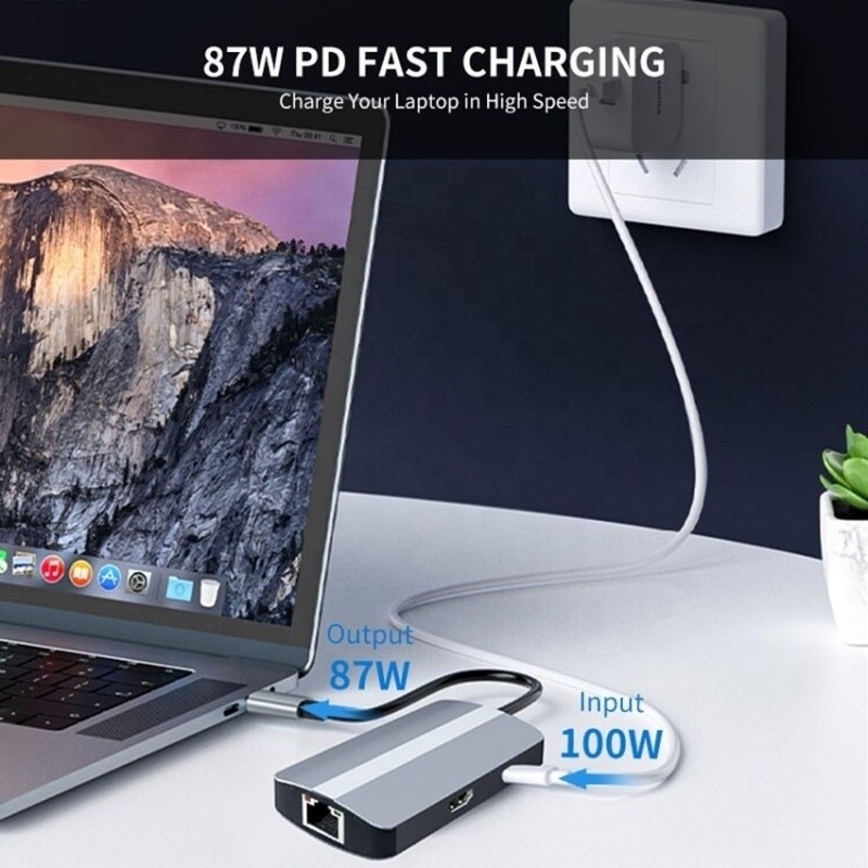 6 en 1 USB A Hub 4K HDMI USB3.0 RJ45 1000Mbps PD Adaptador de carga