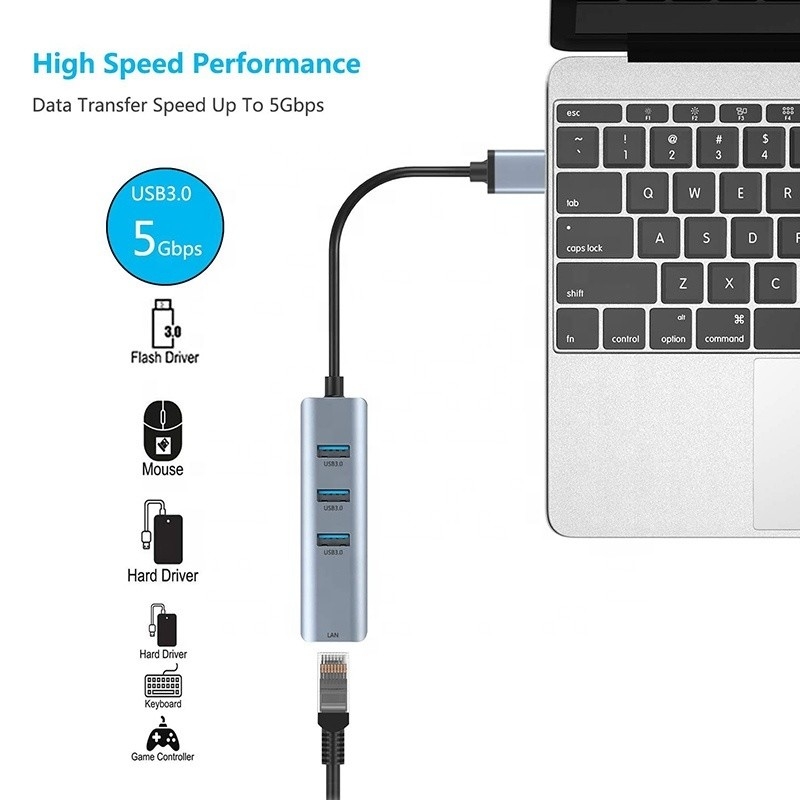 USB 3.0 a 6 puertos USB Hub y adaptador Ethernet de 1000Mbps para compatibilidad entre hombres y mujeres
