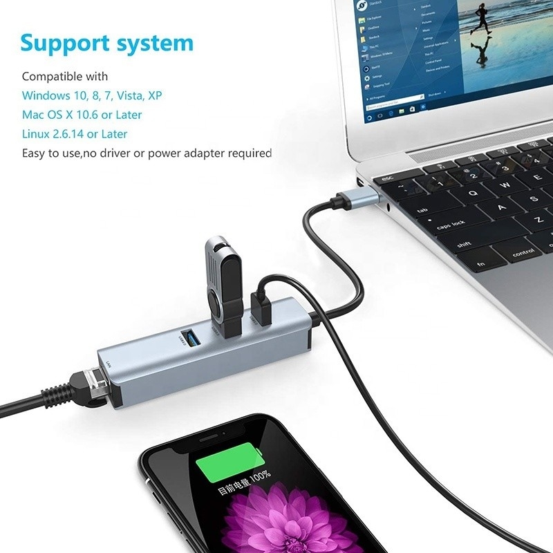 USB 3.0 a 6 puertos USB Hub y adaptador Ethernet de 1000Mbps para compatibilidad entre hombres y mujeres