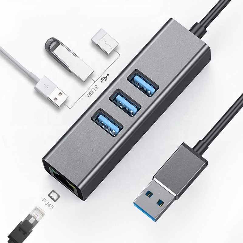 Hub USB3.0 gris y adaptador de LAN RJ45 con 3 puertos USB Tarjeta de red Gigabit Ethernet