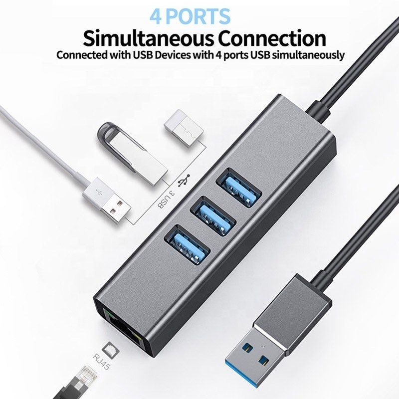 Hub USB3.0 gris y adaptador de LAN RJ45 con 3 puertos USB Tarjeta de red Gigabit Ethernet