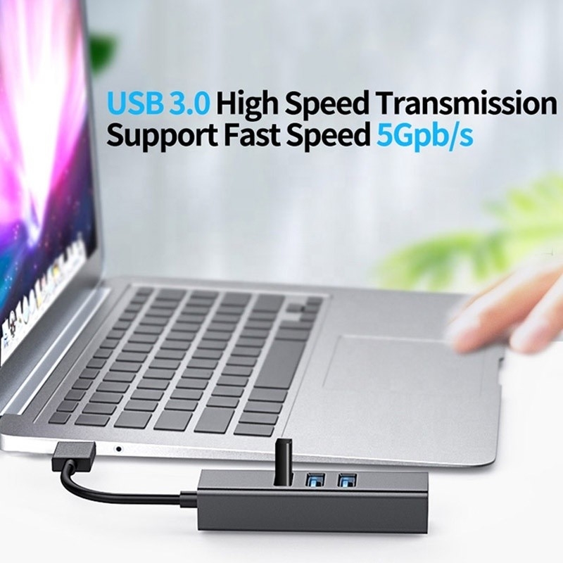 Hub USB3.0 gris y adaptador de LAN RJ45 con 3 puertos USB Tarjeta de red Gigabit Ethernet