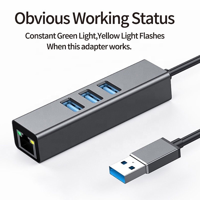 Hub USB3.0 gris y adaptador de LAN RJ45 con 3 puertos USB Tarjeta de red Gigabit Ethernet