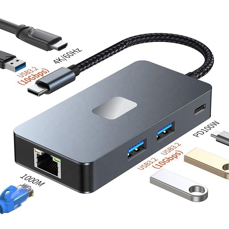 Adaptador multipuerto 8-en-1 USB-C Hub con HDMI 3 USB3.0 RJ45 y salida PD 5-8 puertos