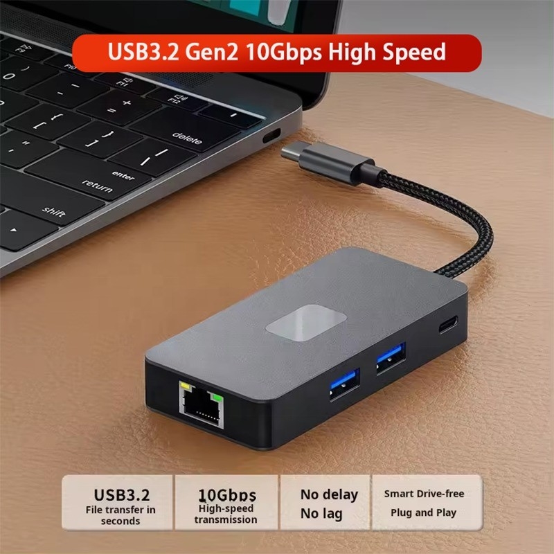 Adaptador multipuerto 8-en-1 USB-C Hub con HDMI 3 USB3.0 RJ45 y salida PD 5-8 puertos