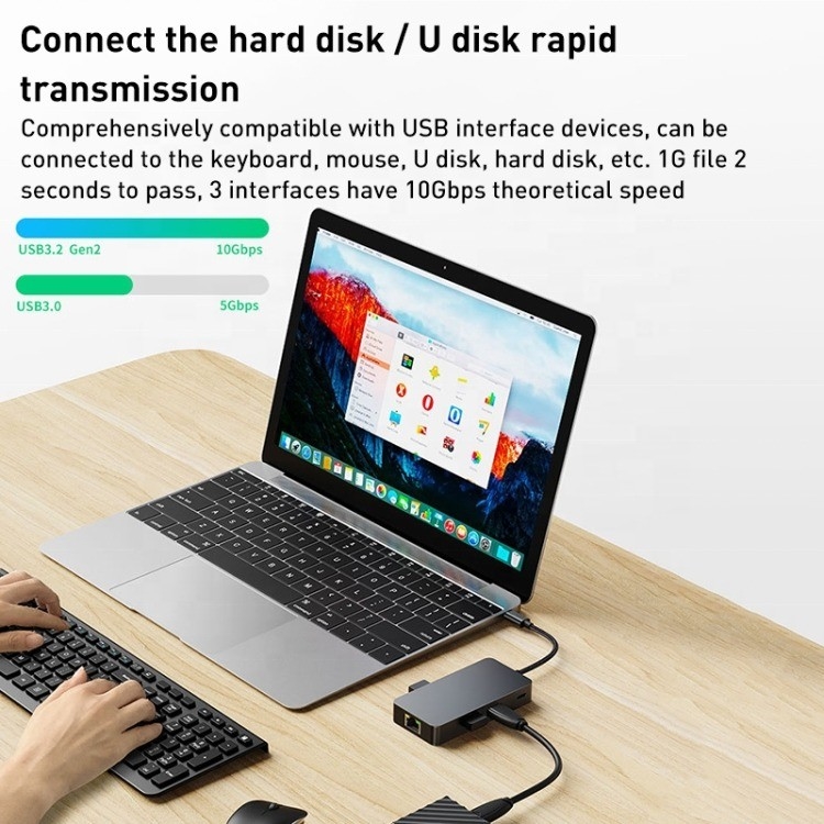 Adaptador multipuerto 8-en-1 USB-C Hub con HDMI 3 USB3.0 RJ45 y salida PD 5-8 puertos