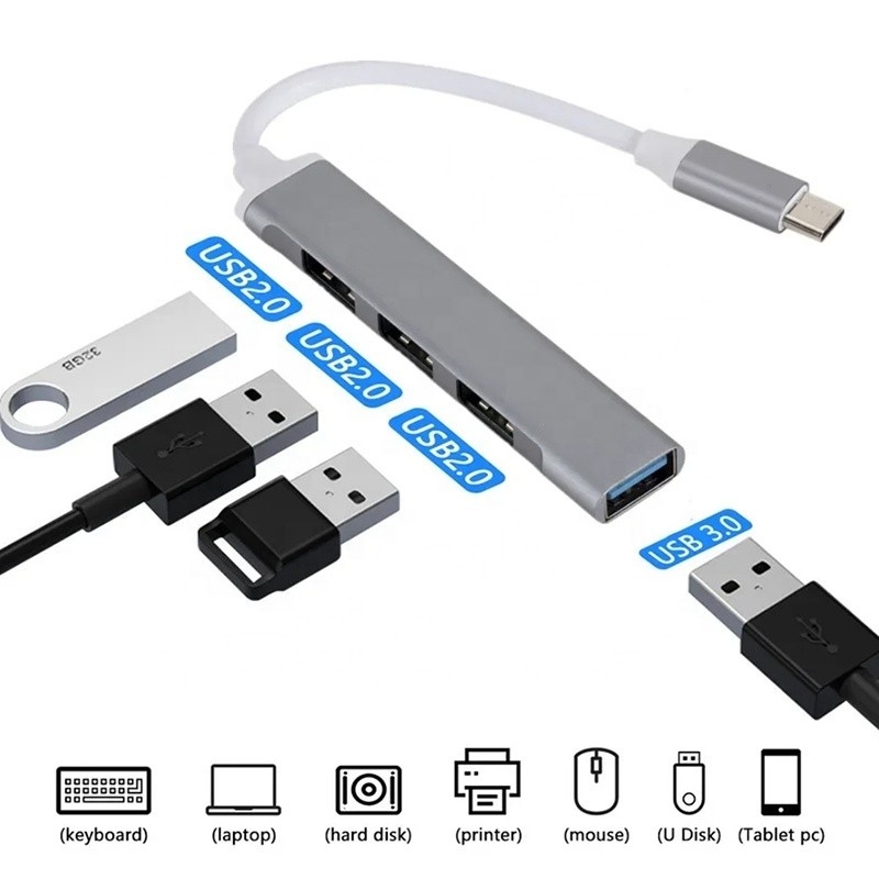 Aluminio 4 puertos USB Tipo C a USB 3.0 2.0 Data Hub para la transferencia de datos de alta velocidad