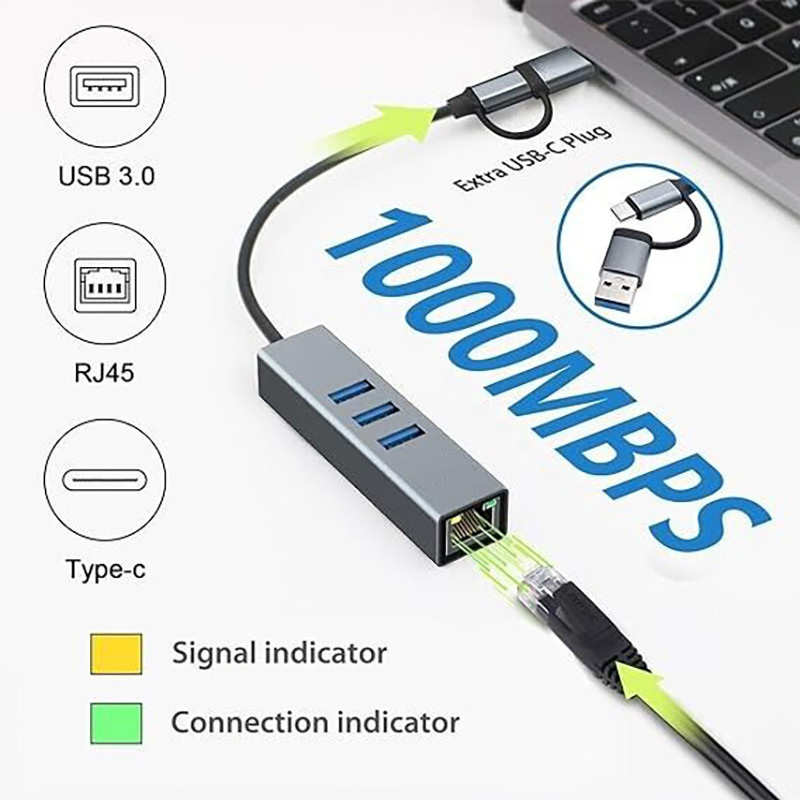 Adaptador USB tipo C a Ethernet con 14 puertos USB 1000 Mbit/s Gigabit RJ45 LAN Hub