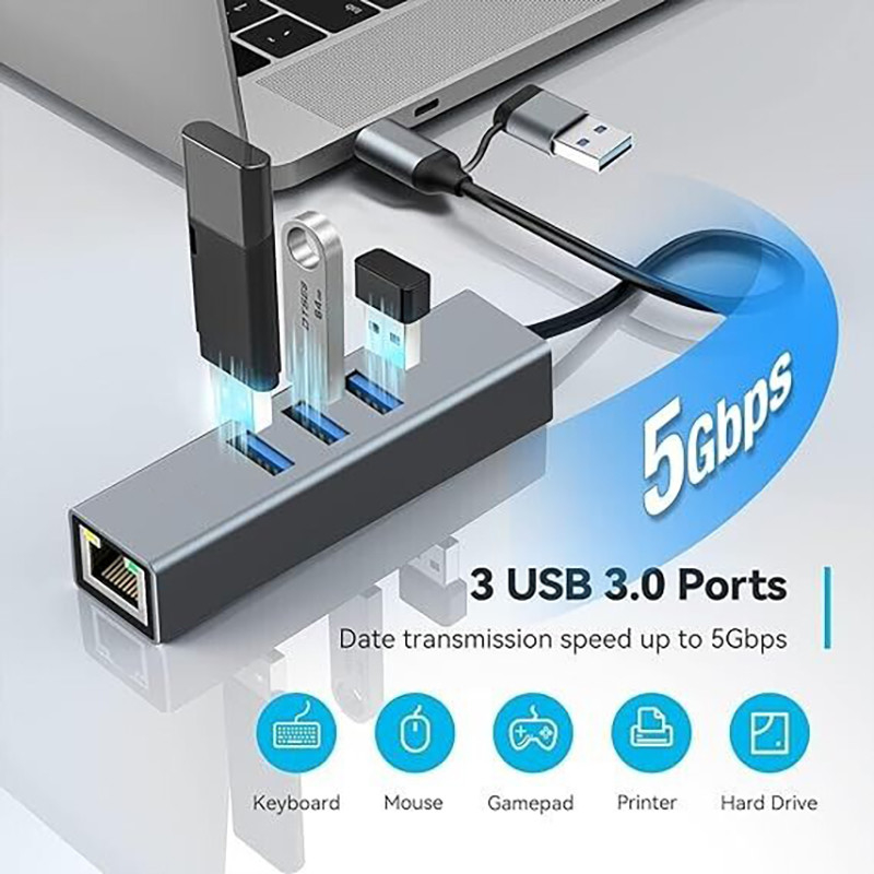 Adaptador USB tipo C a Ethernet con 14 puertos USB 1000 Mbit/s Gigabit RJ45 LAN Hub