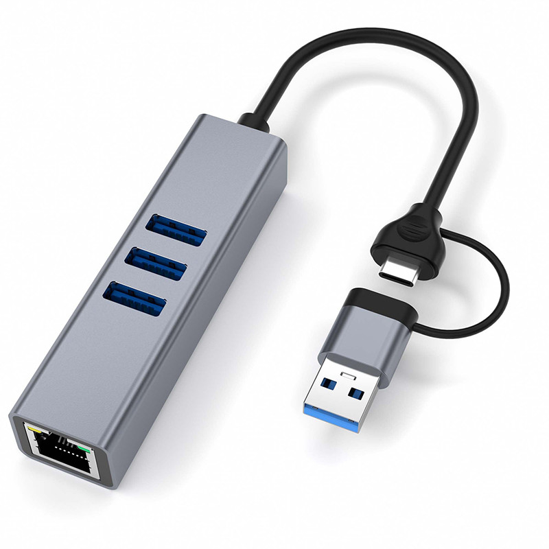 Adaptador LAN USB tipo C de 6 en 2 USB C Hub con 3 puertos USB 3.0 y interfaz LAN RJ45 Gigabit