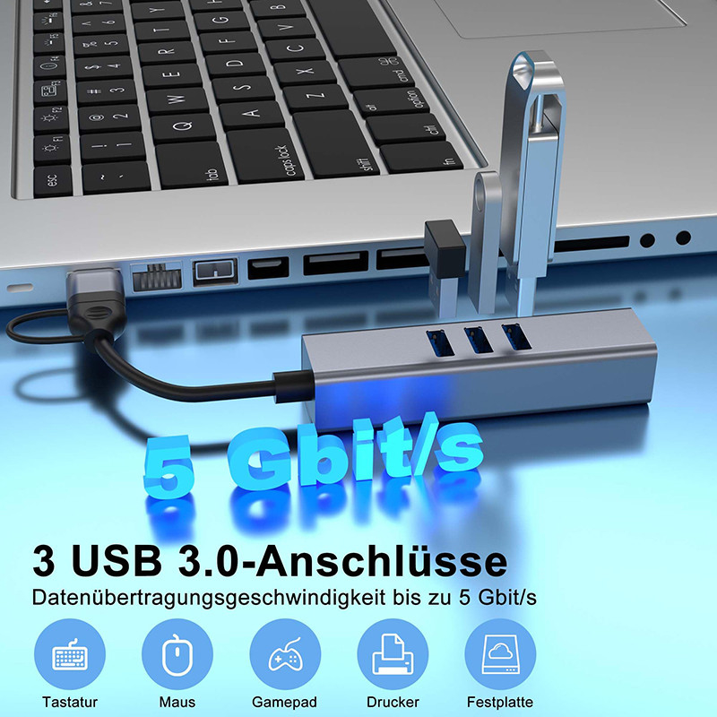 Adaptador LAN USB tipo C de 6 en 2 USB C Hub con 3 puertos USB 3.0 y interfaz LAN RJ45 Gigabit