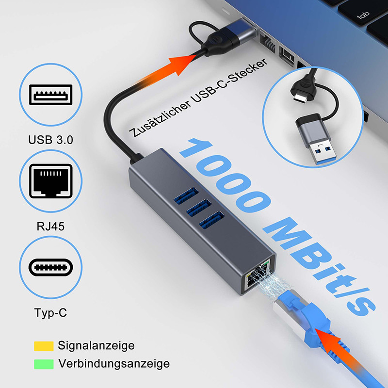 Adaptador LAN USB tipo C de 6 en 2 USB C Hub con 3 puertos USB 3.0 y interfaz LAN RJ45 Gigabit