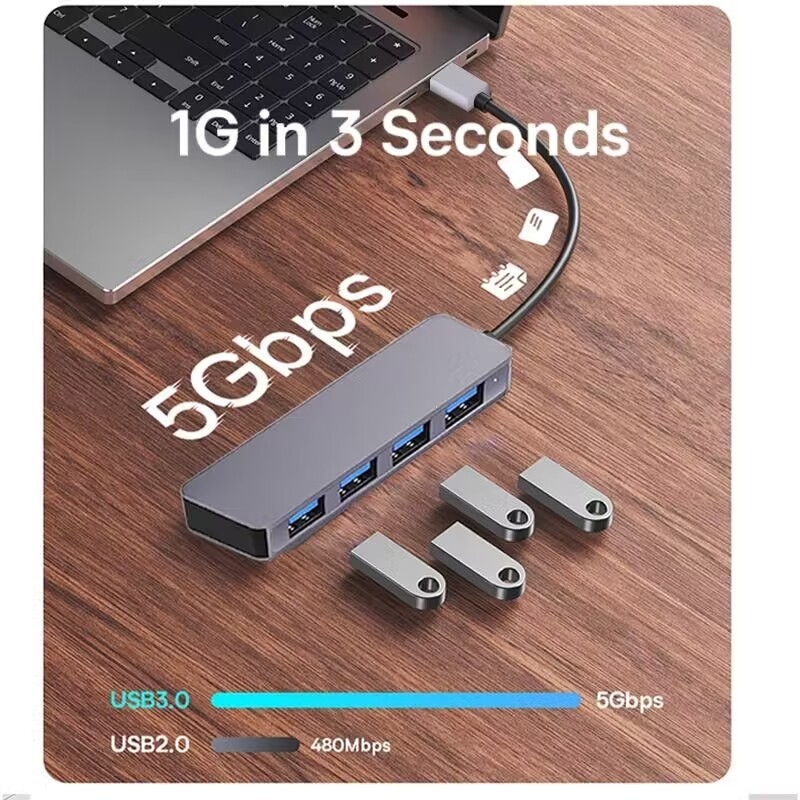 Alta velocidad 4 puertos USB 3.0 HUB 5Gbps USB C portátil con adaptador de alimentación para PC Mac Laptop
