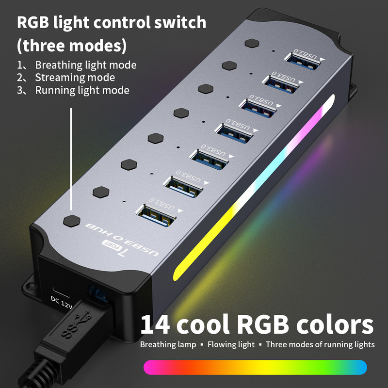 Logotipo personalizado Acceptado de velocidad USB 3.0 Hub con 7 puertos y diseño de aleación de aluminio
