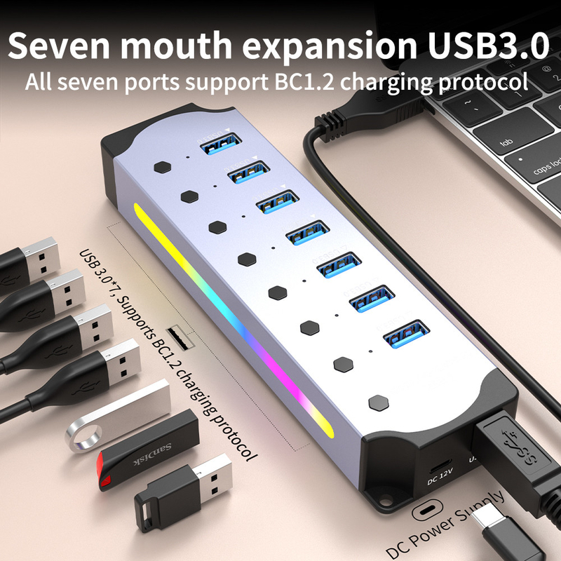Logotipo personalizado Acceptado de velocidad USB 3.0 Hub con 7 puertos y diseño de aleación de aluminio