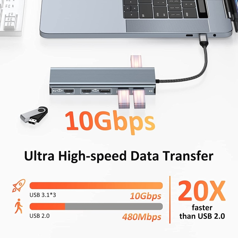 Interfaz USB 3.1 Tipo C a 9 puertos Adaptador USB A 3.0 con tarjeta de red Ethernet Gigabit RJ45 Gris