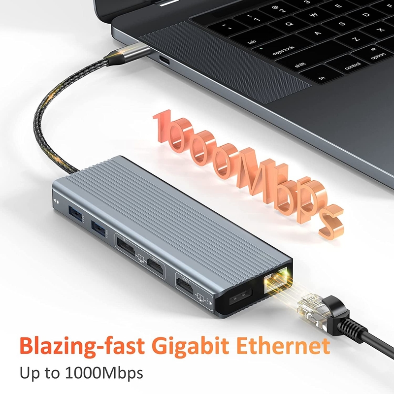 Interfaz USB 3.1 Tipo C a 9 puertos Adaptador USB A 3.0 con tarjeta de red Ethernet Gigabit RJ45 Gris
