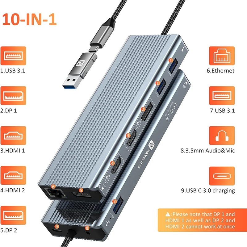 Interfaz USB 3.1 Tipo C a 9 puertos Adaptador USB A 3.0 con tarjeta de red Ethernet Gigabit RJ45 Gris