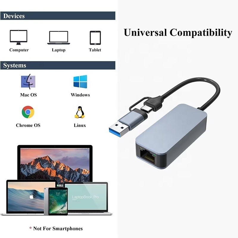 Adaptador Ethernet USB 3.0 tipo C de aluminio 2 en 1 para una conexión de red rápida y estable