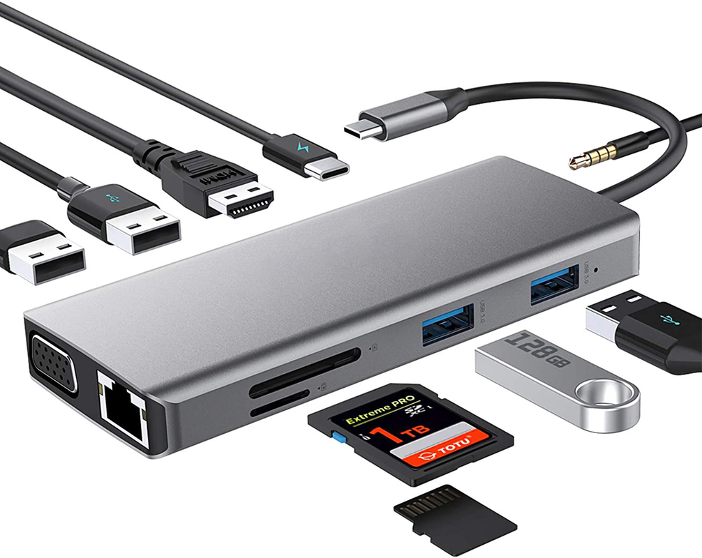 USB C Hub Tipo-C a USB 3.0 HDMI VGA RJ45 Lan SD TF Audio Adaptador de puertos múltiples USB gris