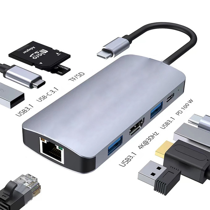 4K HDMI 9 en 1 USB-C Hub con USB 3.1 Estación de acoplamiento de puertos múltiples Adaptador Mac Notebook