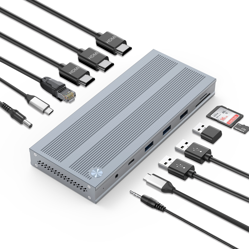 Estación de acoplamiento 14 en 1 USB-C con conexión de pantalla IC tipo C a HDMI Soporta monitores triples de hasta 4K aleación de aluminio y ABS
