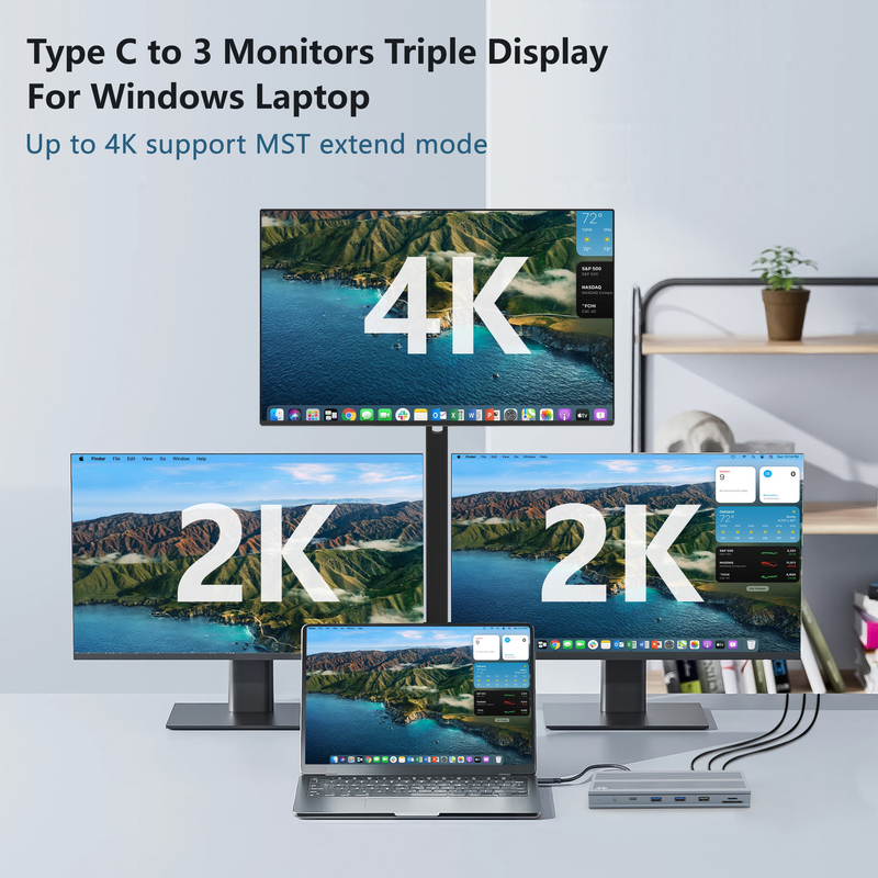 Estación de acoplamiento 14 en 1 USB-C con conexión de pantalla IC tipo C a HDMI Soporta monitores triples de hasta 4K aleación de aluminio y ABS