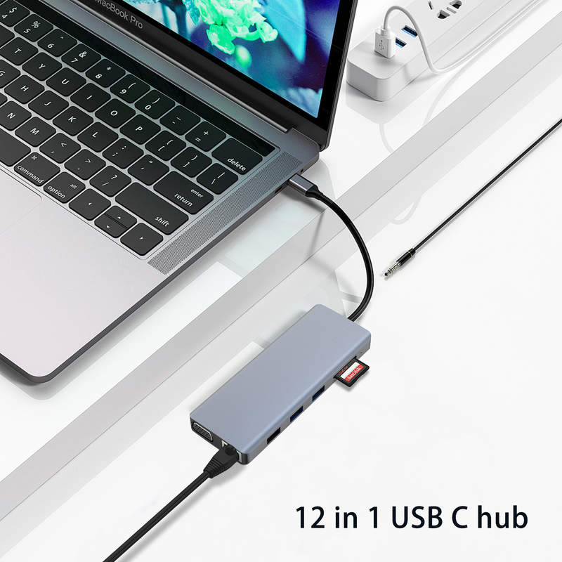 Conector gris Color USB 3.0 Internet RJ45 HDMI 4K 12 en 1 USB C Hub